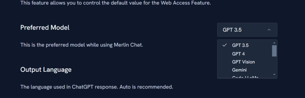 setting of merlin chat window for using chat gpt 4